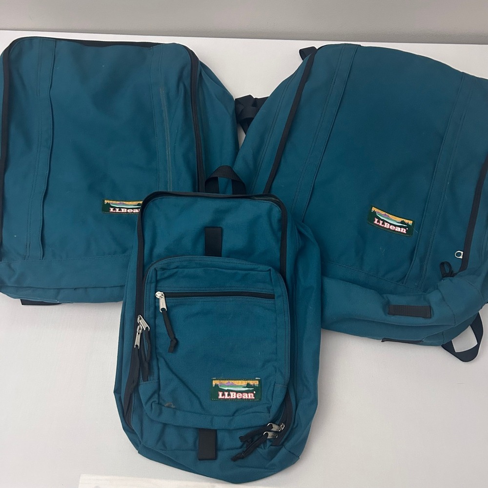 LL Bean Backpack 3 Piece Set Teal Vintage Rucksack Travel Camping Hiking Bags